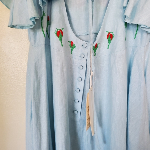 🌹FANM MON🌹Light Lagoon Demre Linen Embroidered Maxi Dress Ruffle Sleeve - Picture 6 of 10